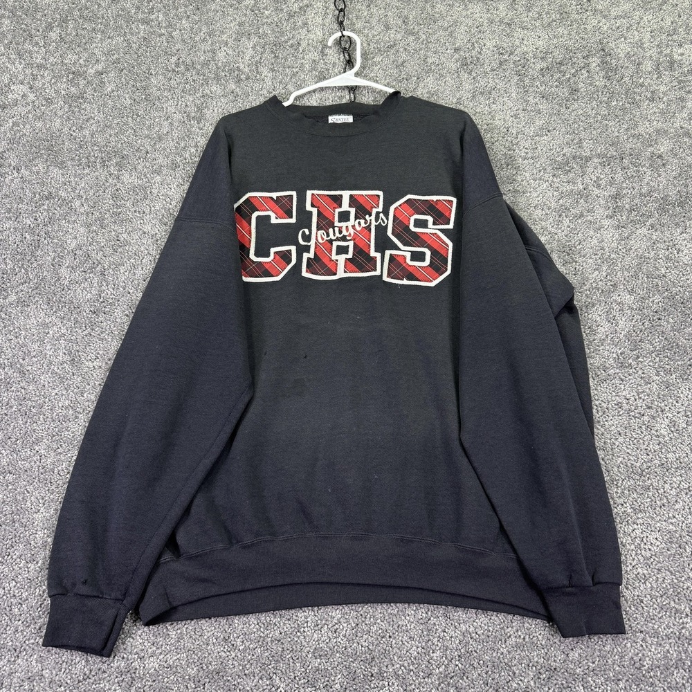Vtg Santee Sweatshirt Mens 3XL Black CHS Cougars Plaid Heavyweight Fleece School